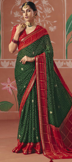 Green color Saree in Silk fabric with Bandhej, Printed work