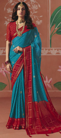 Blue color Saree in Silk fabric with Bandhej, Printed work