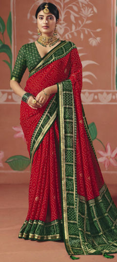 Red and Maroon color Saree in Silk fabric with Bandhej, Printed work