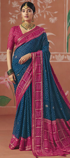 Blue color Saree in Silk fabric with Bandhej, Printed work