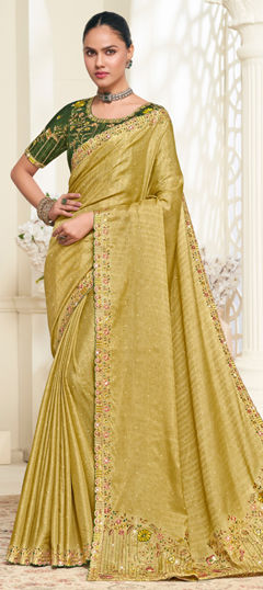 Gold color Saree in Silk fabric with Embroidered, Resham, Sequence, Thread work