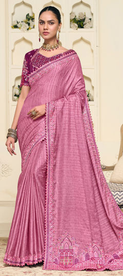 Pink and Majenta color Saree in Silk fabric with Embroidered, Resham, Sequence, Thread work
