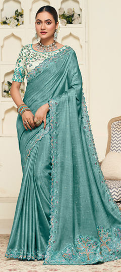 Blue color Saree in Silk fabric with Embroidered, Resham, Sequence, Thread work