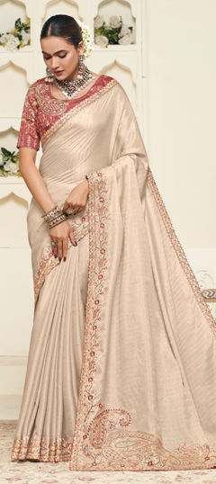 Beige and Brown color Saree in Silk fabric with Embroidered, Resham, Sequence, Thread work