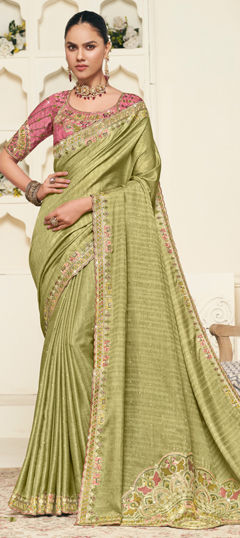 Green color Saree in Silk fabric with Embroidered, Resham, Sequence, Thread work
