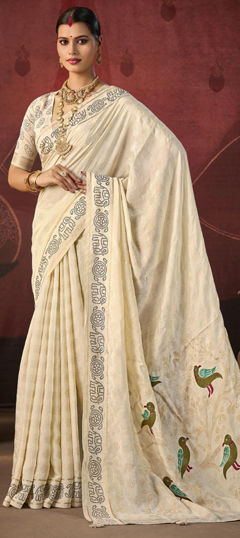 Beige and Brown color Saree in Silk fabric with Bandhej, Printed, Weaving work