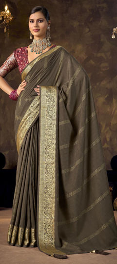Black and Grey color Saree in Silk fabric with Weaving work