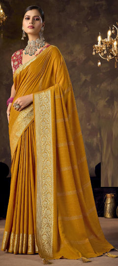 Yellow color Saree in Silk fabric with Weaving work