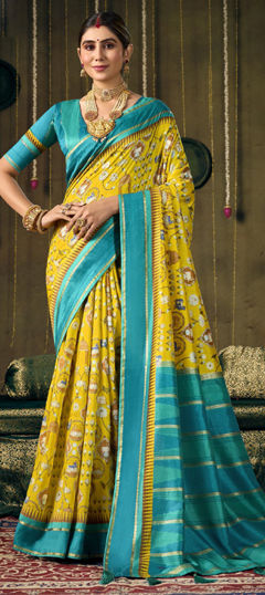 Blue, Yellow color Saree in Silk fabric with Printed work