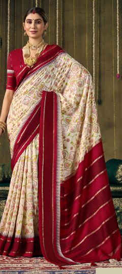 Beige and Brown, Red and Maroon color Saree in Silk fabric with Printed work