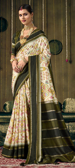 Beige and Brown, Green color Saree in Silk fabric with Printed work