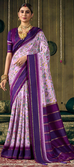 Purple and Violet color Saree in Silk fabric with Printed work