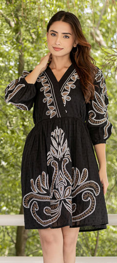 Black and Grey color Dress in Cotton fabric with Embroidered, Thread work