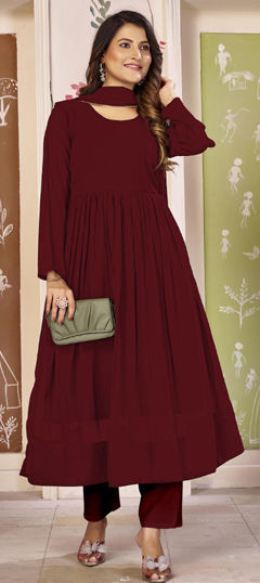 Red and Maroon color Gown in Georgette fabric with Thread work