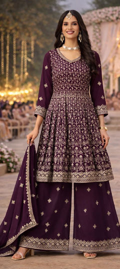 Purple and Violet color Salwar Kameez in Georgette fabric with Embroidered, Thread work
