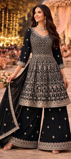 Black and Grey color Salwar Kameez in Georgette fabric with Embroidered, Thread work