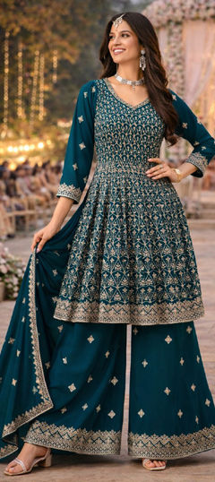 Blue color Salwar Kameez in Georgette fabric with Embroidered, Thread work