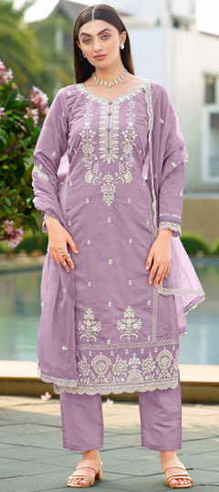 Purple and Violet color Salwar Kameez in Cotton, Viscose fabric with Embroidered, Thread work