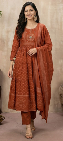 Beige and Brown color Salwar Kameez in Cotton fabric with Bugle Beads, Mirror, Printed, Sequence work