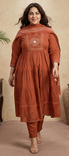 Beige and Brown color Salwar Kameez in Cotton fabric with Bugle Beads, Mirror, Printed, Sequence work