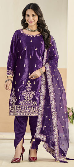 Purple and Violet color Salwar Kameez in Velvet fabric with Embroidered, Sequence, Thread, Zari work