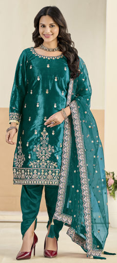 Blue color Salwar Kameez in Velvet fabric with Embroidered, Sequence, Thread, Zari work