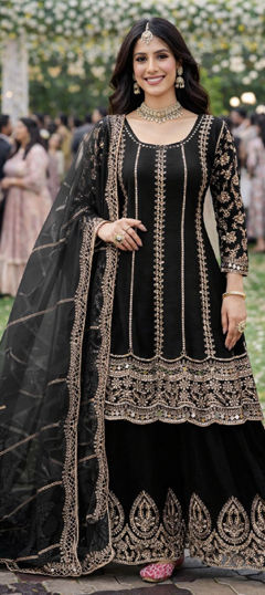 Black and Grey color Salwar Kameez in Chinon Silk fabric with Embroidered, Mirror work