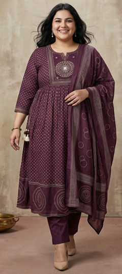 Purple and Violet color Salwar Kameez in Cotton fabric with Bugle Beads, Mirror, Printed, Sequence work