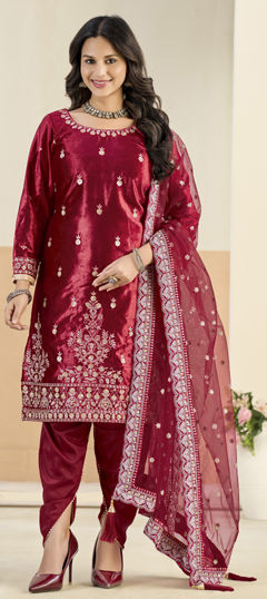 Red and Maroon color Salwar Kameez in Velvet fabric with Embroidered, Sequence, Thread, Zari work