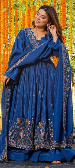Blue color Salwar Kameez in Silk fabric with Embroidered work