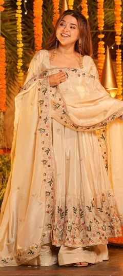 White and Off White color Salwar Kameez in Silk fabric with Embroidered work