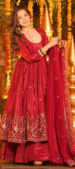 Red and Maroon color Salwar Kameez in Silk fabric with Embroidered work