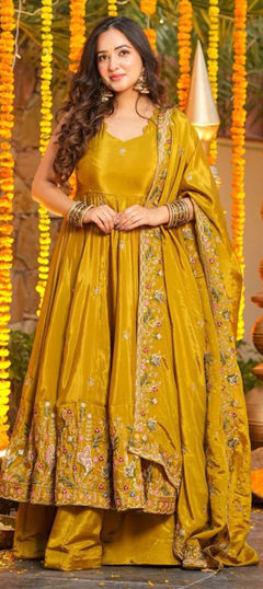 Yellow color Salwar Kameez in Silk fabric with Embroidered work