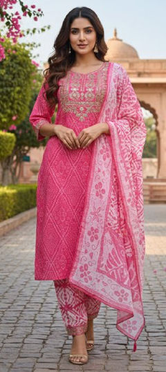 Pink and Majenta color Salwar Kameez in Cotton fabric with Bandhej, Embroidered work