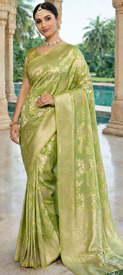 Green color Saree in Crepe Silk fabric with Weaving work