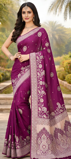 Purple and Violet color Saree in Crepe Silk fabric with Weaving work