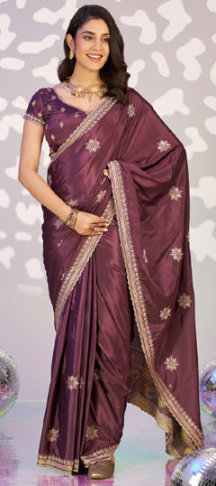 Purple and Violet color Readymade Saree in Crepe Silk fabric with Embroidered, Thread work