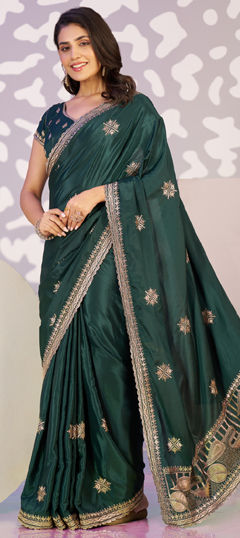 Green color Readymade Saree in Crepe Silk fabric with Embroidered, Thread work