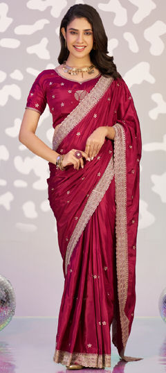 Red and Maroon color Readymade Saree in Crepe Silk fabric with Embroidered, Thread work