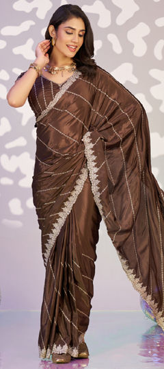 Beige and Brown color Readymade Saree in Crepe Silk fabric with Embroidered, Thread work