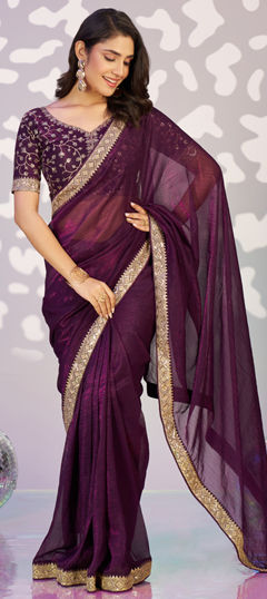 Purple and Violet color Readymade Saree in Crushed Silk fabric with Embroidered, Thread work