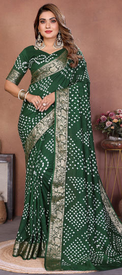 Green color Saree in Dolla Silk fabric with Bandhej, Printed, Weaving work