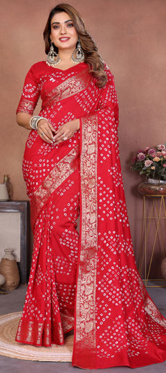 Red and Maroon color Saree in Dolla Silk fabric with Bandhej, Printed, Weaving work