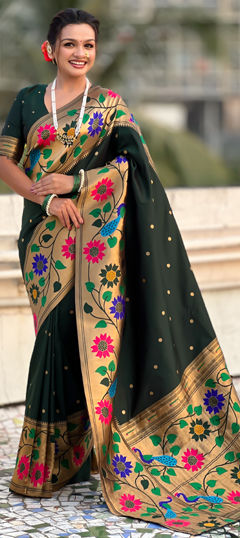 Green color Saree in Silk fabric with Weaving work