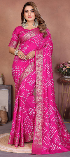 Pink and Majenta color Saree in Dolla Silk fabric with Bandhej, Printed, Weaving work