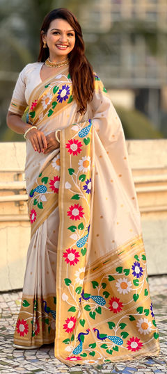White and Off White color Saree in Silk fabric with Weaving work