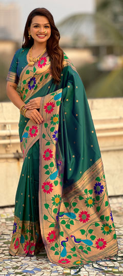 Green color Saree in Silk fabric with Weaving work