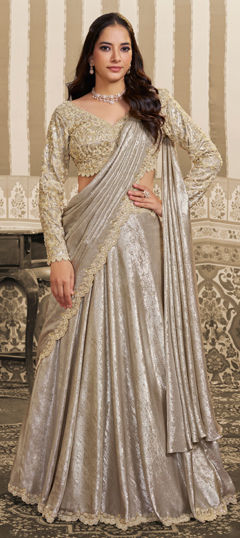 White and Off White color Ready to Wear Lehenga in Satin fabric with Aari, Bugle Beads, Sequence work