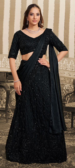 Black and Grey color Ready to Wear Lehenga in Satin Silk fabric with Bugle Beads, Sequence work