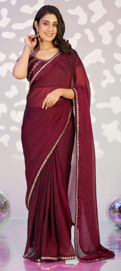 Purple and Violet color Readymade Saree in Chiffon fabric with Embroidered, Thread work